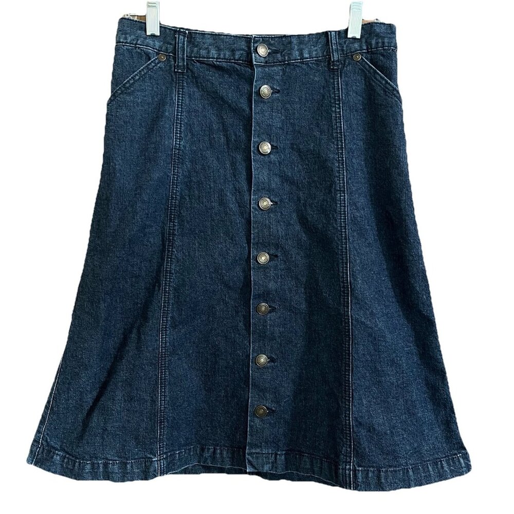 Monterey Bay Womens Button Down A Line Denim Jeans Skirt Sz 10 Petite 99% Cotton